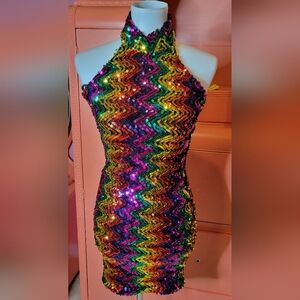 Multicolor Sequin Halter Dress thick stretch festival dress 🏳️‍🌈 🌈